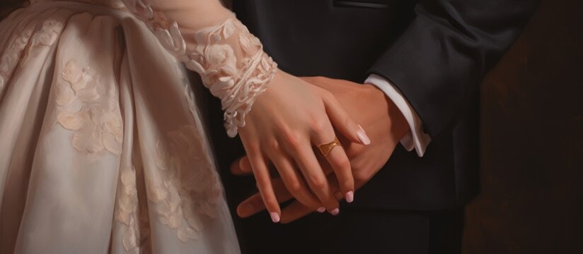 Close-up portrait of hands of newlyweds holding each other's in their marriage. AI generated image