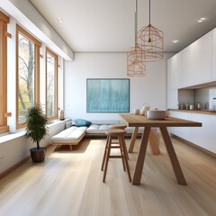 White modern kitchen in a house with a beautiful design. Modern Studio Apartment.