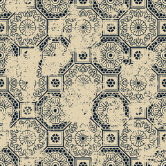 Chinese style floral geometric traditional tile wallpaper vector seamless pattern grunge effect in separate layer - 682832284