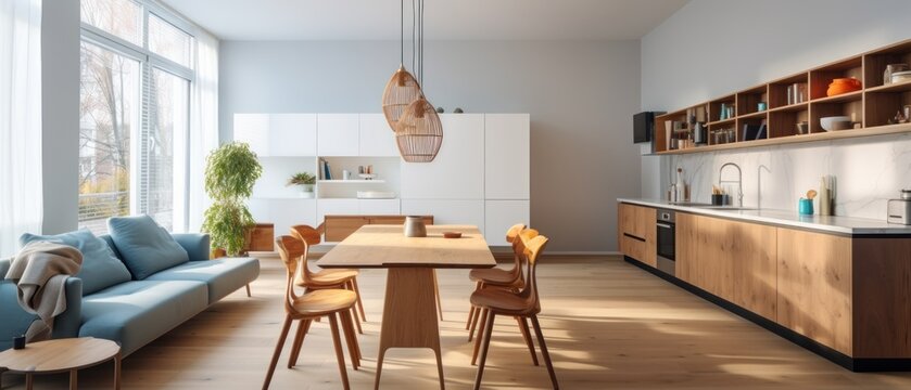 Modern kitchen with wooden table and chairs, panorama. Modern Studio Apartment.