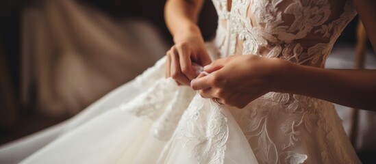 Obraz na płótnie Canvas Close up portrait bride putting on a wedding white dress preparing marriage. AI generated image