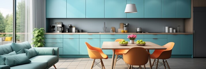 Interior of modern kitchen with blue and green walls, concrete floor, green cupboards and wooden dining table with orange chairs. Modern Studio Apartment.