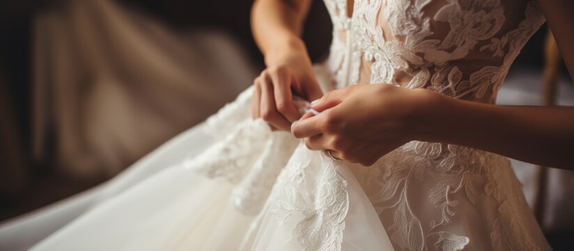 Close up portrait bride putting on a wedding white dress preparing marriage. AI generated image