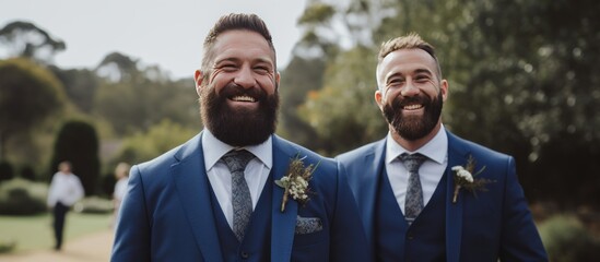 Handsome couple bearded groom and groomsman smiling at outdoors background - obrazy, fototapety, plakaty