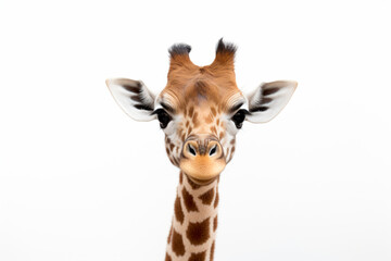 a giraffe with a white background and a white sky