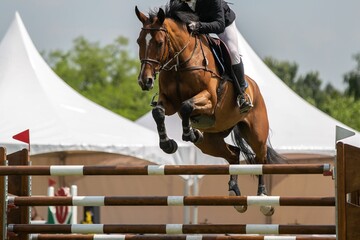 A horse jumping themed photograph, a horse jumping over an obstacle