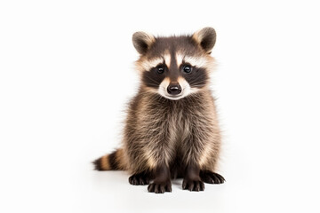 a raccoon sitting on a white surface looking at the camera