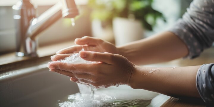 Washing hands with soap under the faucet with water. AI Generated