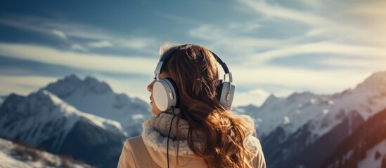 Portrait young woman listening music by headphones on Winter mountains background.