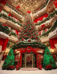 Hotel courtyard decorated for Christmas.