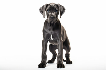 a black dog standing on a white surface