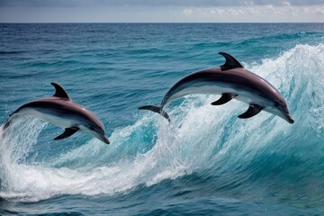 Photo of dolphins jumping in the ocean