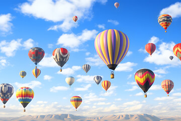 Obraz premium Balloons against clouds and sky, Mass Ascension, Albuquerque International Balloon Fiesta 3D rendering. generative ai.