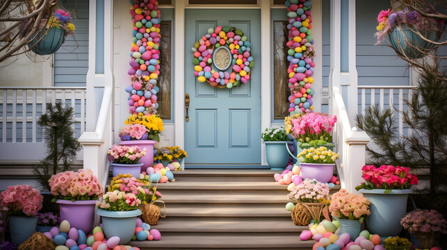 House entrance staircase at home decorated for easter. Wooden porch of house with different flowers. Terrace of summer house. Spring design home with bloom flowers and decoration lanterns on steps.