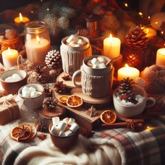 Fototapeta na wymiar christmas still life with candles coffee and decoration