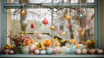 Colorful Easter home decoration. Window with Colorful dyed eggs and rabbit ears, flowers and easter bunny for festive Easter celebration at home. Easter card - obrazy, fototapety, plakaty