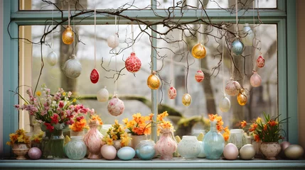 Foto op Plexiglas Colorful Easter home decoration. Window with Colorful dyed eggs and rabbit ears, flowers and easter bunny for festive Easter celebration at home. Easter card © petrrgoskov