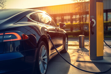 Fototapeta premium Charging Electric Car. Charge an Electric Car. Powered car charging station. Energy Powered Battery Electric Vehicle charging station. EV charging station for electric cars. EV Auto on charge.