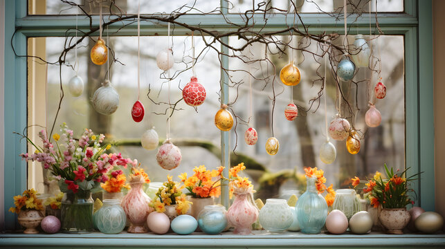 Colorful Easter home decoration. Window with Colorful dyed eggs and rabbit ears, flowers and easter bunny for festive Easter celebration at home. Easter card