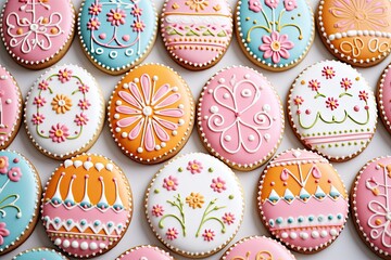 Easter cookies decorated with icing, various shapes, close-up, white background - obrazy, fototapety, plakaty