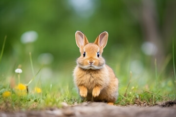 a small rabbit sitting in the grass near a tree - Powered by Adobe