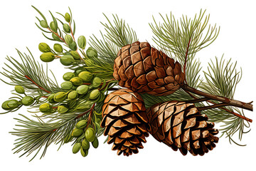 Fototapeta premium Christmas tree branch with pine cones and mistletoe isolated on PNG Background. Generative Ai.