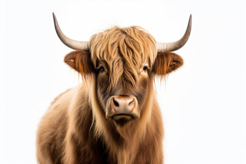 a brown cow with long horns standing in front of a white background