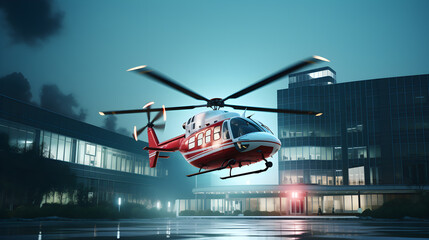 Red helicopter landing on helipad of the modern hospital or business centre building with cityscapes background - obrazy, fototapety, plakaty