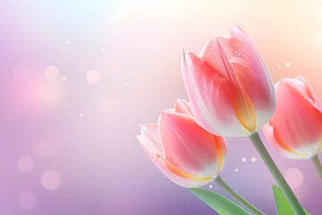 Zelfklevend Fotobehang  Closeup of blooming tulip flower in spring on pastel bokeh 3d rendring. generative ai. © mfz