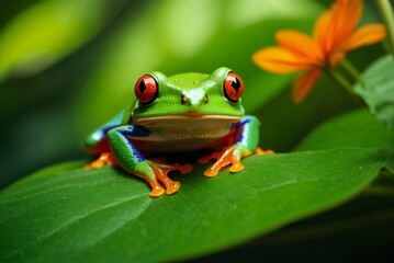 Red-eyed tree frog (Agalychnis callidryas) on green leaf.