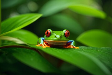 Obraz premium Red-eyed tree frog (Agalychnis callidryas) on green leaf.