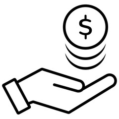 Cash collect icon. Money icon in hand palm, giving cash. Dollar currency, euro coin. Graphic of money on hand for web, website or mobile app. Black linear icon, hand holding coins symbol. PNG, Vector