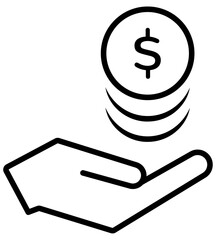 Money icon in hand palm, giving cash. Cash collect symbol. Dollar currency, euro coin. Graphic of money on hand for web, website or mobile app. Black linear icon, hand holding coins. PNG, Vector