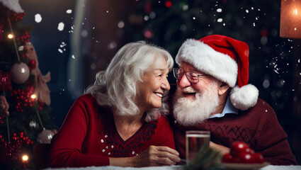 Fototapeta na wymiar Portrait of two elderly people in love who are rejoicing at Christmas. The New Year is celebrated by old, joyful people.
