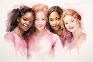 Interracial women together in an artistic piece made with pink watercolor - obrazy, fototapety, plakaty