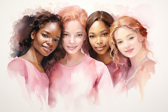 Interracial women together in an artistic piece made with pink watercolor