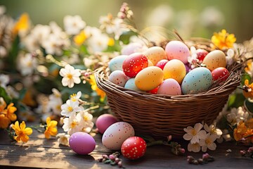 Colorful Easter Eggs in Wicker Basket Amid Spring Flowers