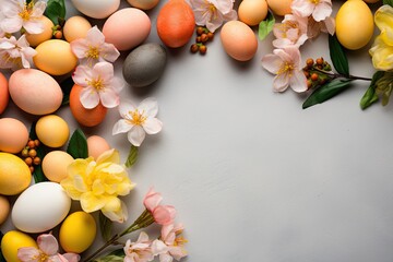 Naklejka na ściany i meble Easter background. Multi-colored eggs with spring flowers on a gray pastel background
