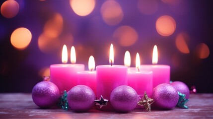 Obraz na płótnie Canvas Purple Advent Wreath with Abstract Design, Multicolored Candles Emitting Soft, Hazy Glow and Sparkling Flames.