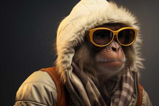 A Stylish Monkey Rocks Yellow Sunglasses Scarf and a Winter Jacket. A monkey wearing yellow sunglasses, jack and a scarf