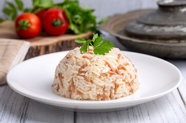 Traditional delicious Turkish food; Turkish style rice pilaf (Turkish name; Arpa sehriyeli pirinc pilavi)