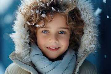 Fototapeta premium A portrait of a young boy with a blue eyes in a warm winter jacket and snow on his head on a blue background. Winter concept. Space for text