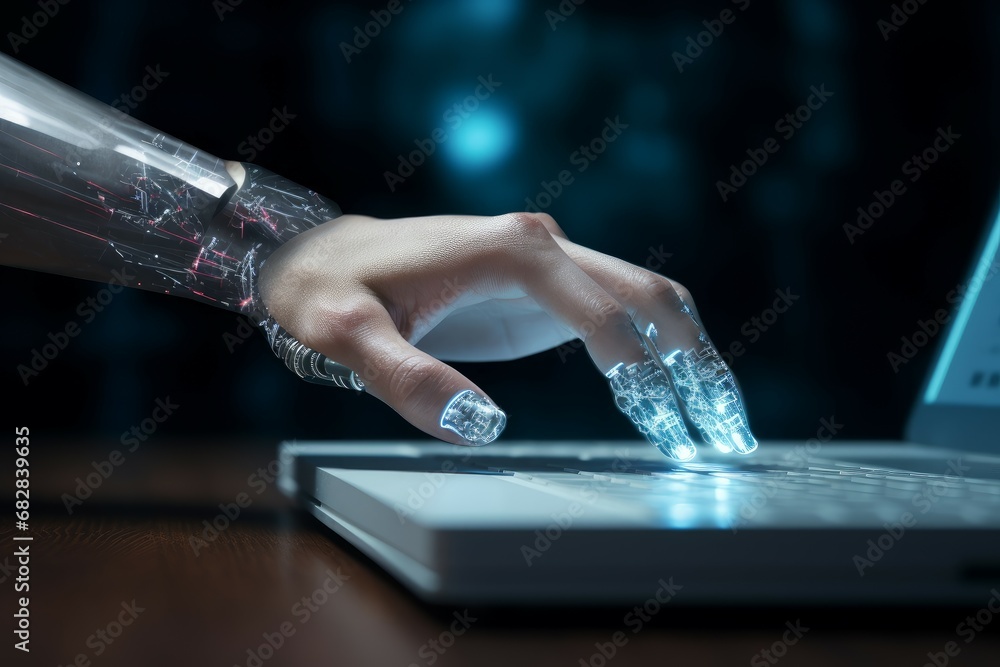 Poster impersonal hand of robot touch. coding monitor science. generate ai