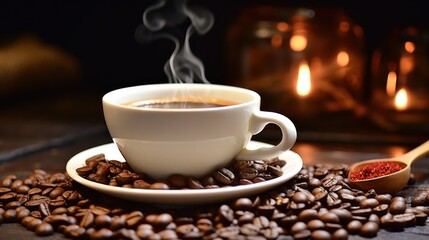 Coffee cup and coffee beans filled with steming latte.UHD wallpaper