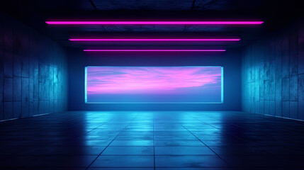 Sky-fi background of an empty room. Concrete walls, neon lighting