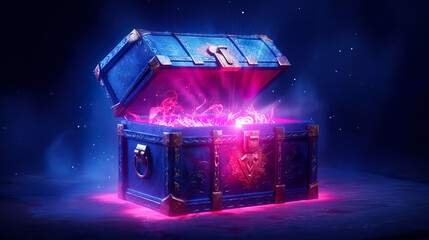 Magic open chest on a dark background. Neon glow, particles. Mystical light - 682839821