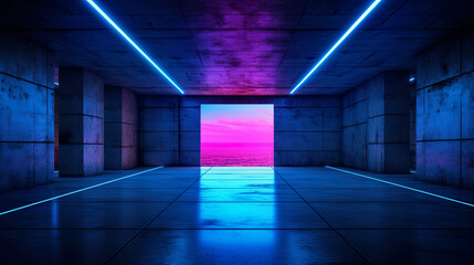 Sky-fi background of an empty room. Concrete walls, neon lighting - 682839876