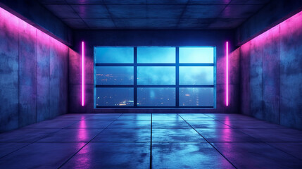 Sky-fi background of an empty room. Concrete walls, neon lighting - 682840045
