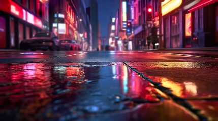 Dark night blurred background of night city, wet asphalt
