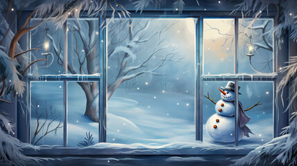 Snowman with smiley face, hat and scarf, with traditional branches instead of hands on background of window. Atmosphere of winter fairy tale and fun. Copy space.